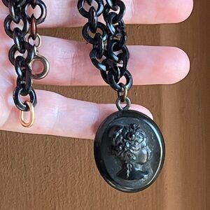 Victorian era 1860-90 cameo locket vulcanite pendant necklace
